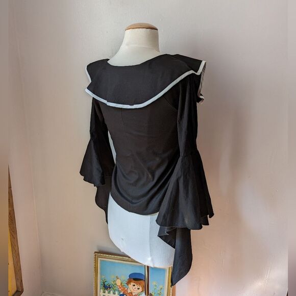 Black Boat Neck Ruffle Top with Bell Sleeves Size S - Picture 4 of 6